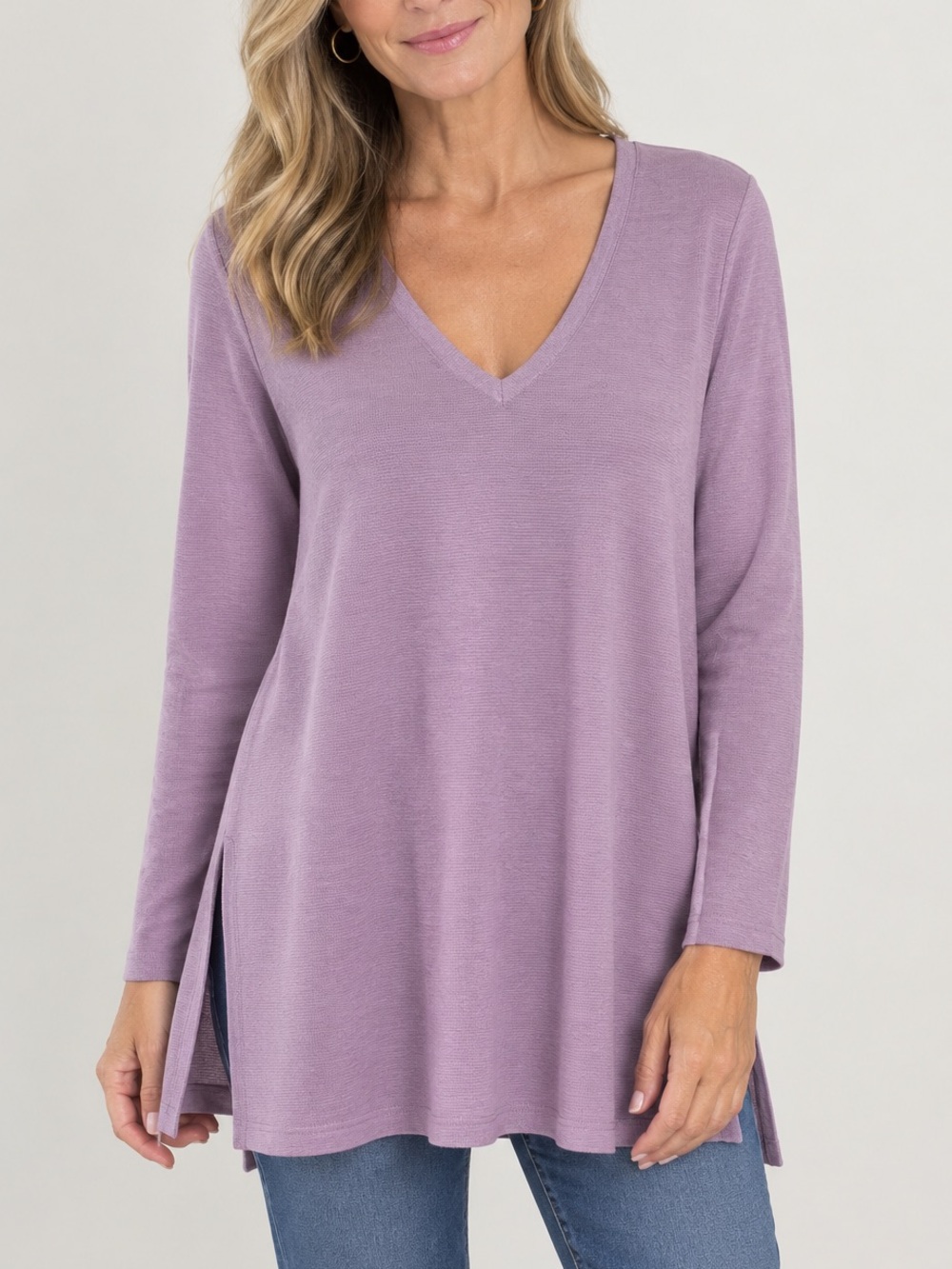 Eileen Fisher Organic Cotton V-Neck Knit Tunic Sweater Women’s Large Purple
